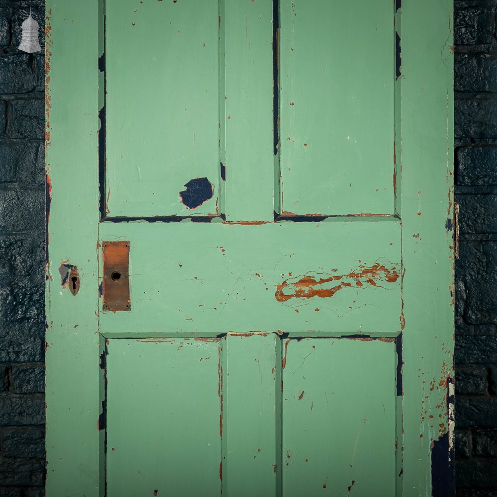 Pitch Pine Panelled Doors, Pair of 4 Panel Doors with Green Distressed Paint Finish