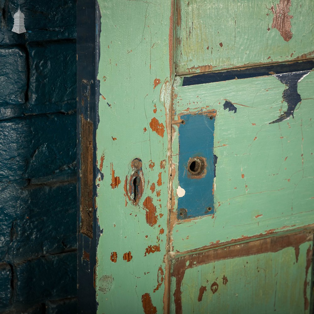 Pitch Pine Panelled Doors, Pair of 4 Panel Doors with Green Distressed Paint Finish