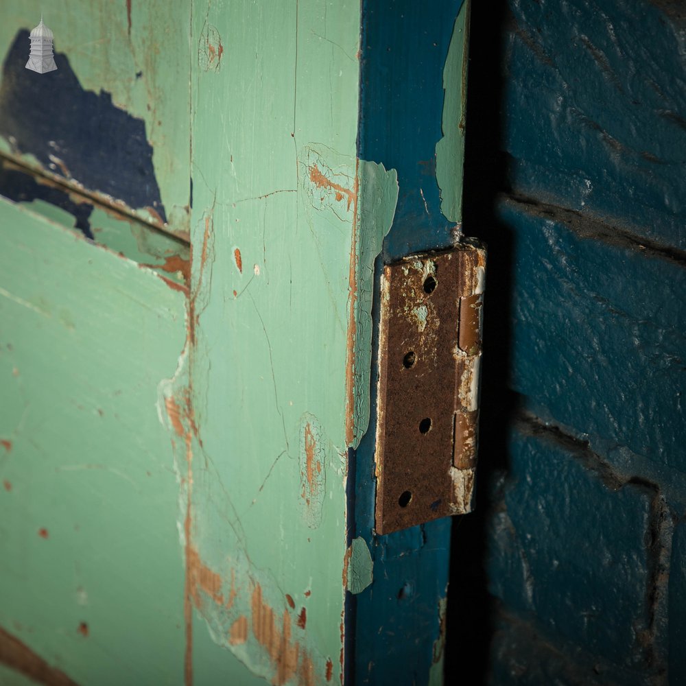 Pitch Pine Panelled Doors, Pair of 4 Panel Doors with Green Distressed Paint Finish