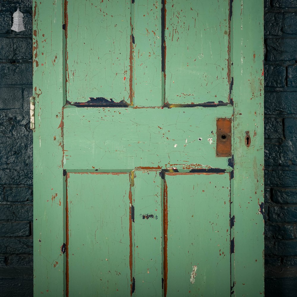 Pitch Pine Panelled Doors, Pair of 4 Panel Doors with Green Distressed Paint Finish