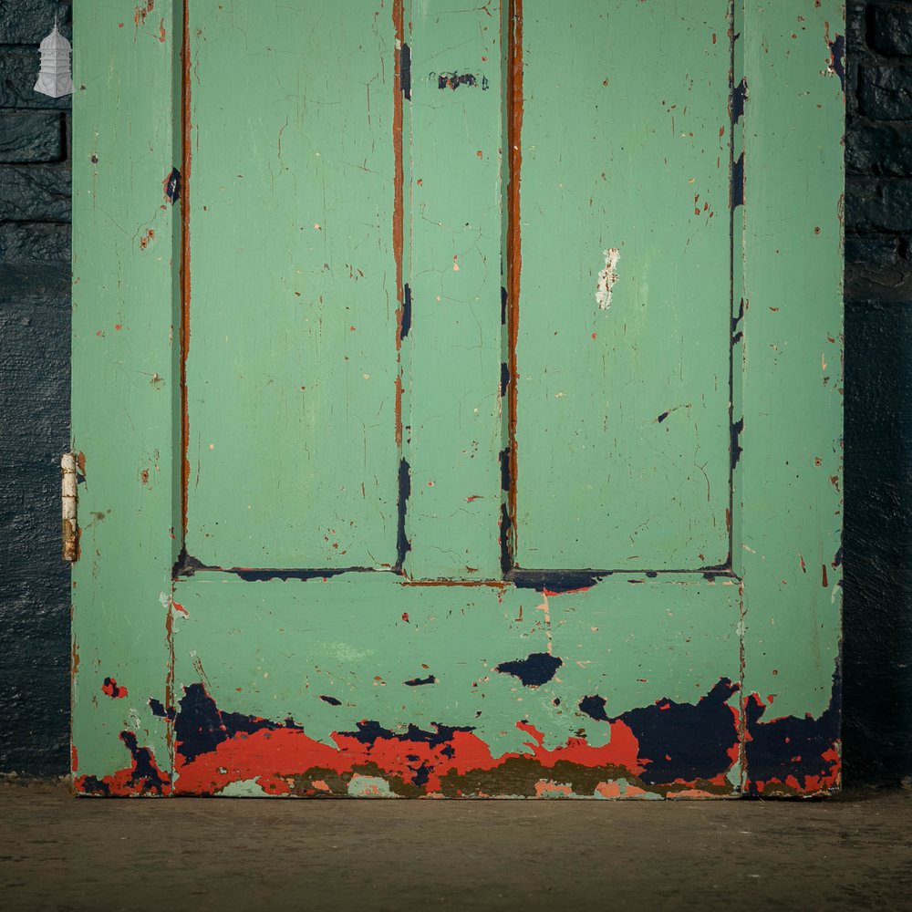 Pitch Pine Panelled Doors, Pair of 4 Panel Doors with Green Distressed Paint Finish