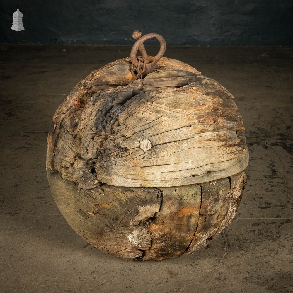 Hardwood Marker Buoy, Large Weathered Wooden Spere / Ball with Cast Iron Fixing Ring