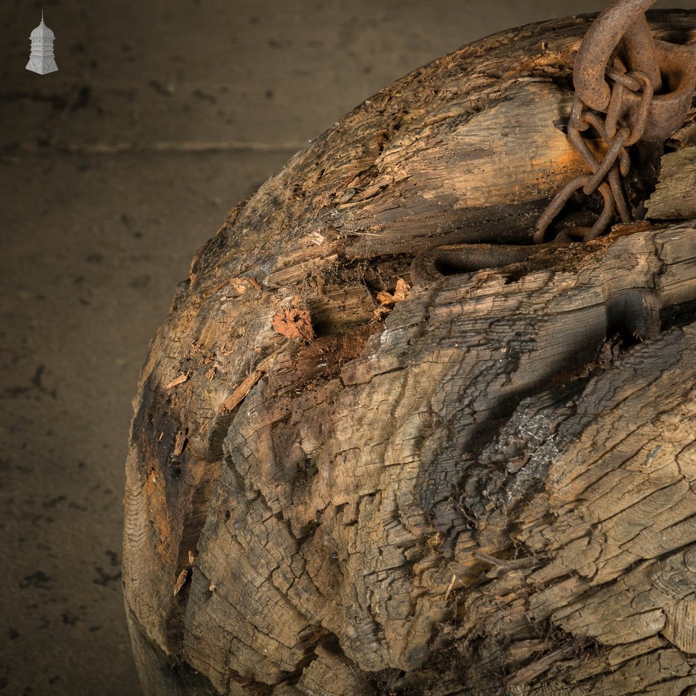 Hardwood Marker Buoy, Large Weathered Wooden Spere / Ball with Cast Iron Fixing Ring