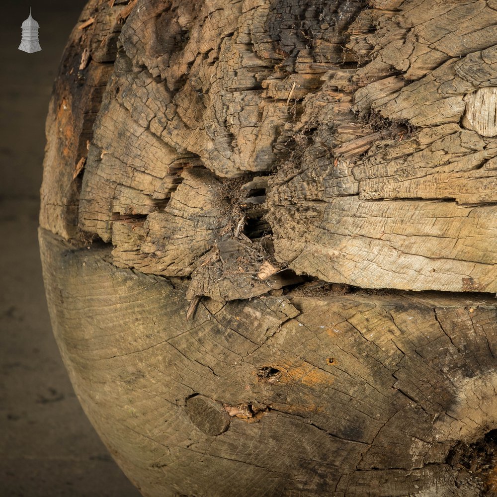 Hardwood Marker Buoy, Large Weathered Wooden Spere / Ball with Cast Iron Fixing Ring