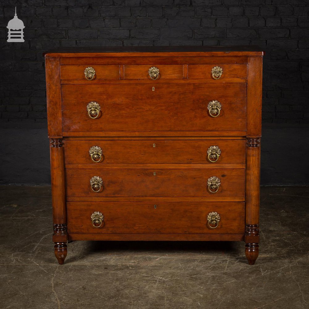 19th C Swedish Fruitwood Chest of Drawers with Column Base and Brass Pulls