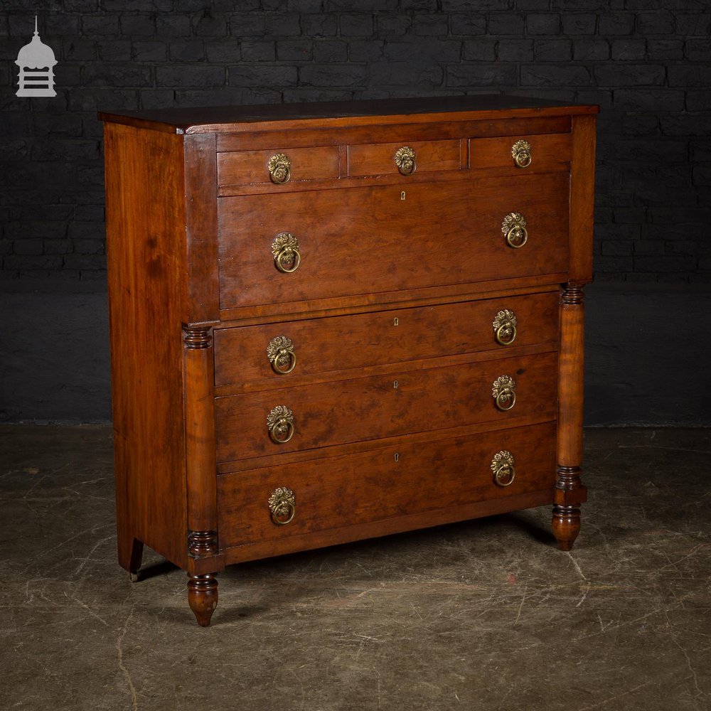 19th C Swedish Fruitwood Chest of Drawers with Column Base and Brass Pulls