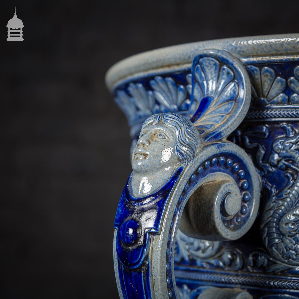 Ornate 19th C Doulton Lambeth Style Blue and White Jardinière