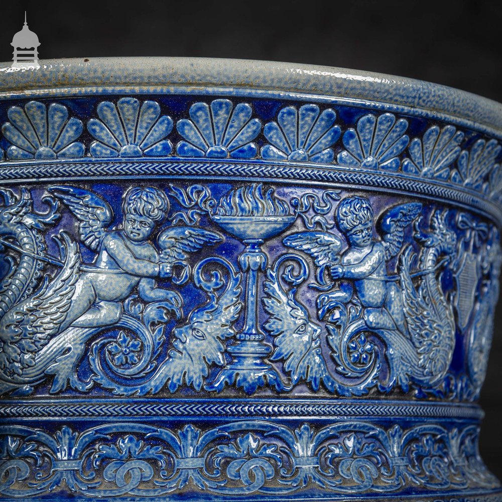 Ornate 19th C Doulton Lambeth Style Blue and White Jardinière