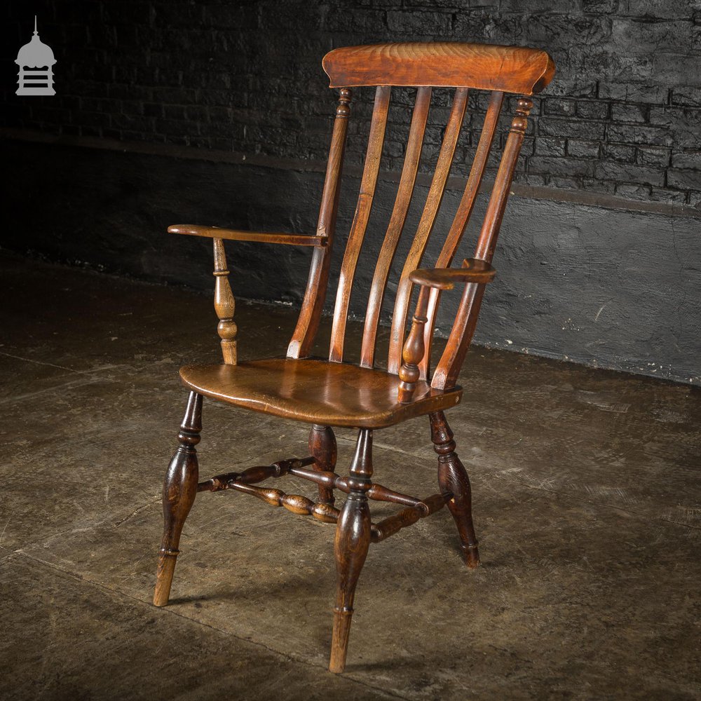 19th C Lath High Back Windsor Arm Chair with Double H Stretcher and Turned Arm Supports