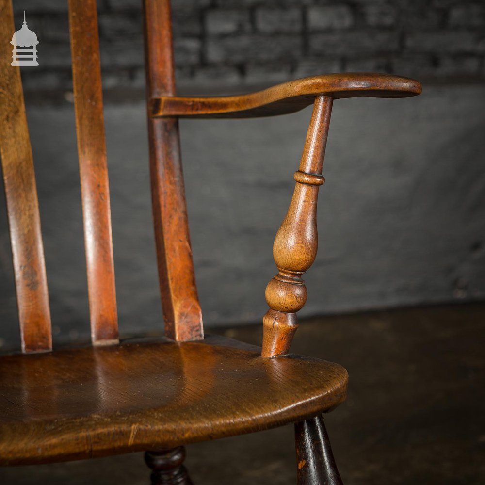 19th C Lath High Back Windsor Arm Chair with Double H Stretcher and Turned Arm Supports