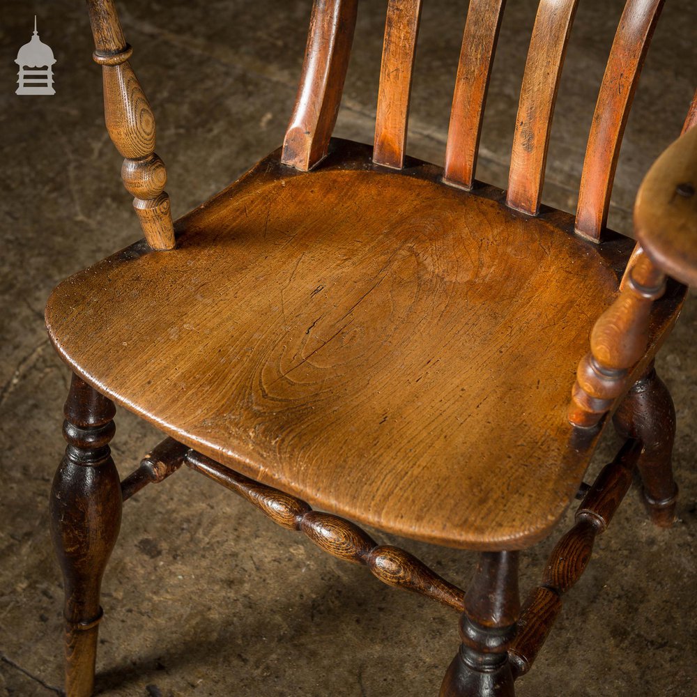 19th C Lath High Back Windsor Arm Chair with Double H Stretcher and Turned Arm Supports