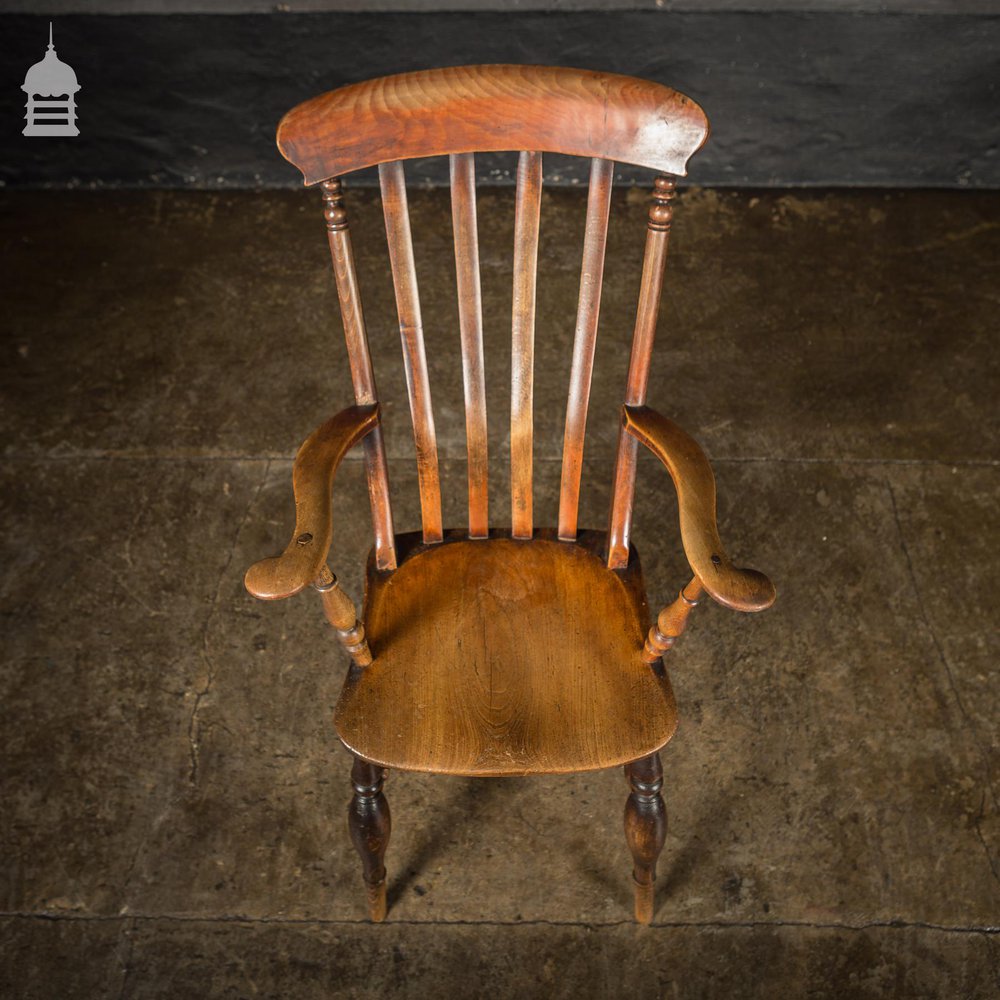 19th C Lath High Back Windsor Arm Chair with Double H Stretcher and Turned Arm Supports