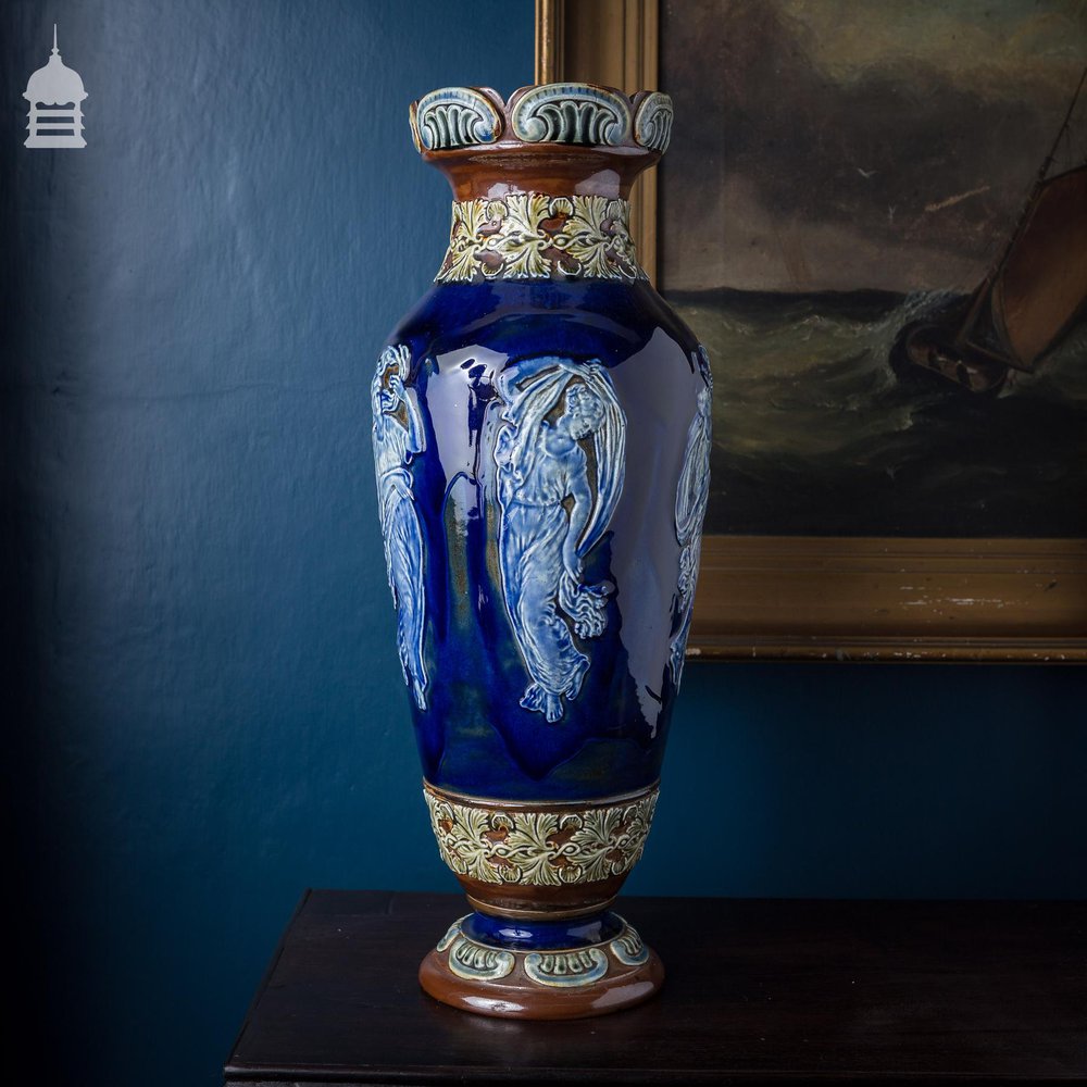 Large 19th C Blue Doulton Lambeth Vase with Figures