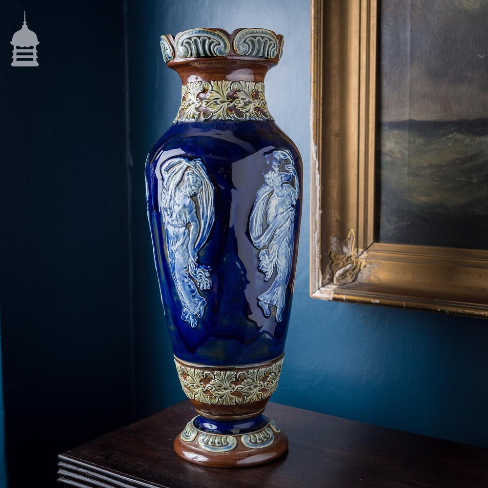 Large 19th C Blue Doulton Lambeth Vase with Figures