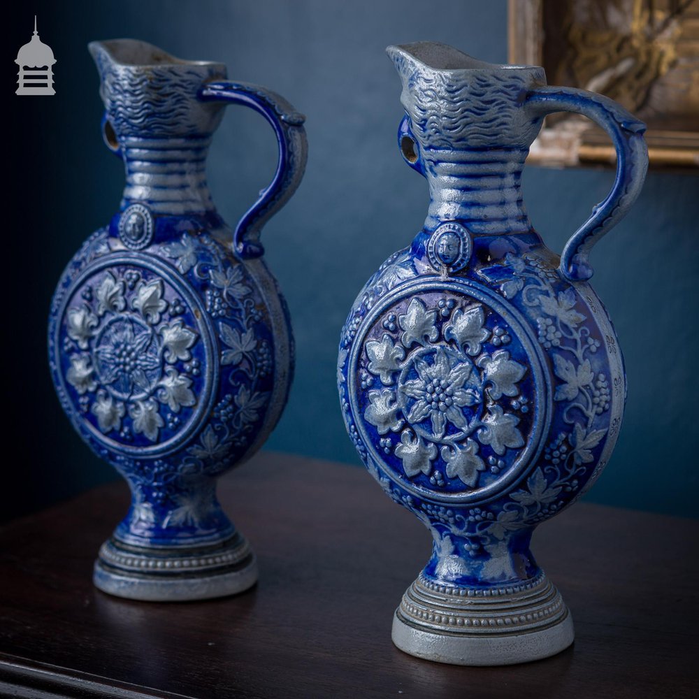 Pair of Westerwald Blue and White Moon Jugs