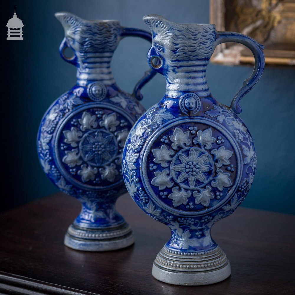 Pair of Westerwald Blue and White Moon Jugs