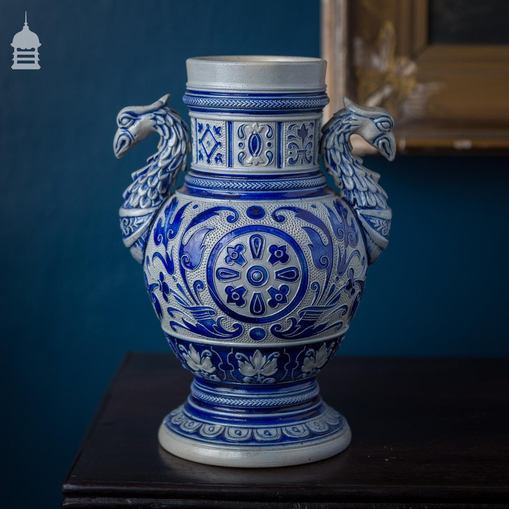 Westerwald Blue and White Vase with Phoenix Handles