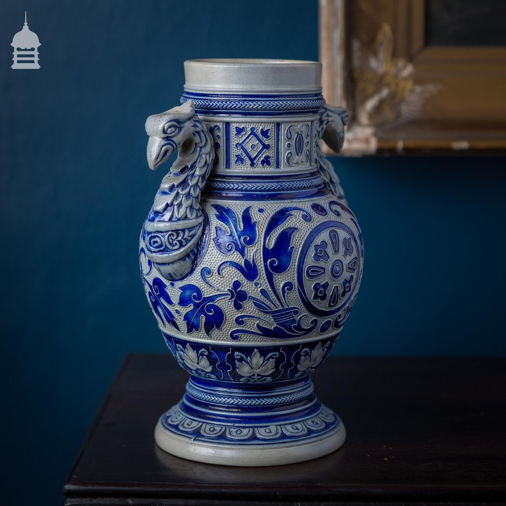 Westerwald Blue and White Vase with Phoenix Handles