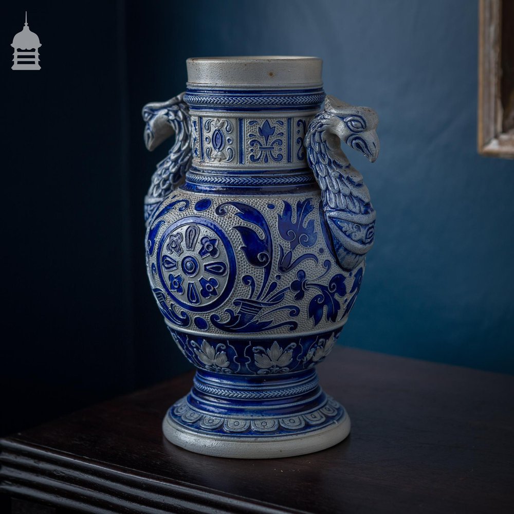 Westerwald Blue and White Vase with Phoenix Handles