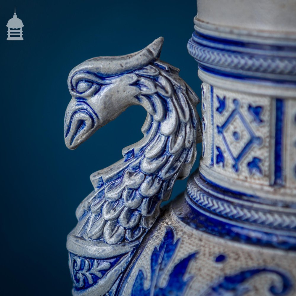 Westerwald Blue and White Vase with Phoenix Handles