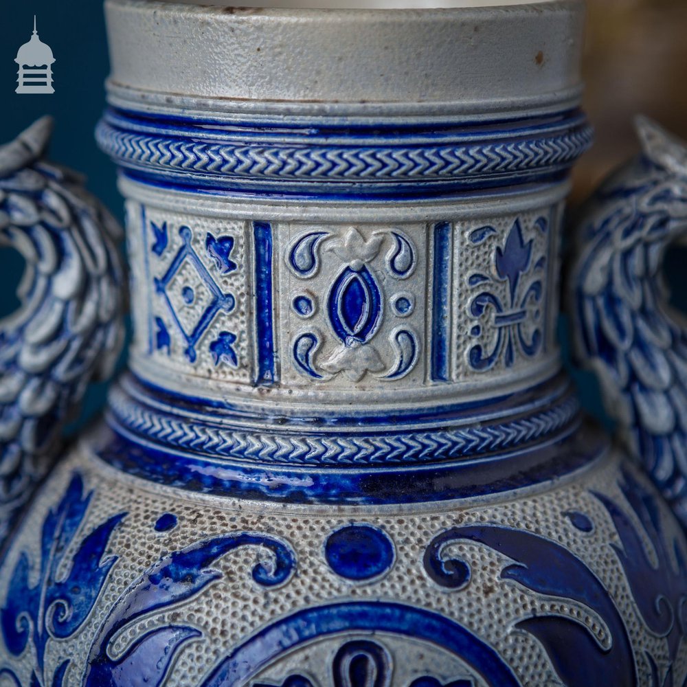 Westerwald Blue and White Vase with Phoenix Handles