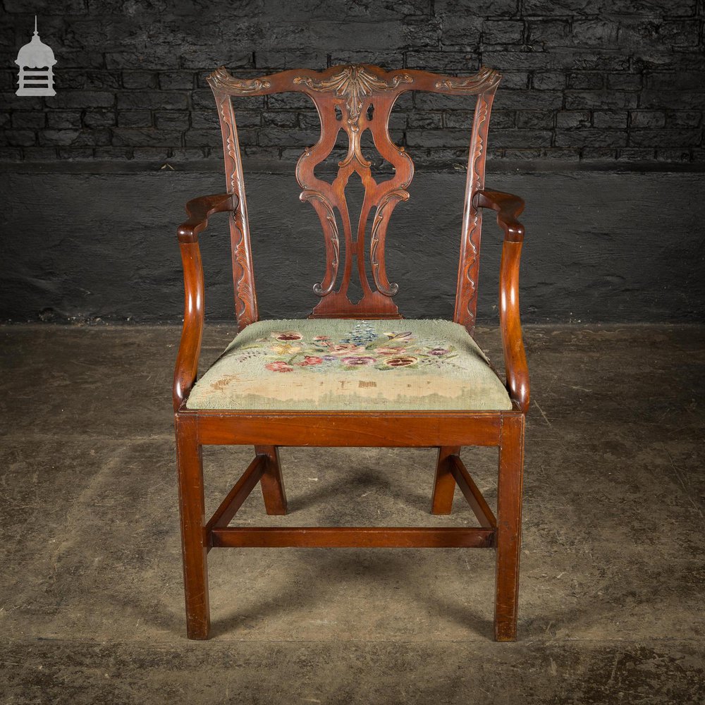 19th C Mahogany Carver Chair Attributed to Chippendale with Floral Tapestry Seat Pad