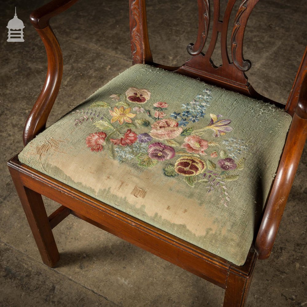 19th C Mahogany Carver Chair Attributed to Chippendale with Floral Tapestry Seat Pad