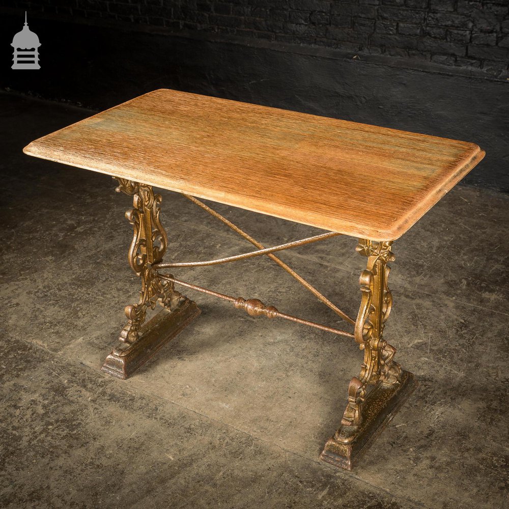 19th C Cast Iron Pub Table Base With Bleached Brushed Oak Top