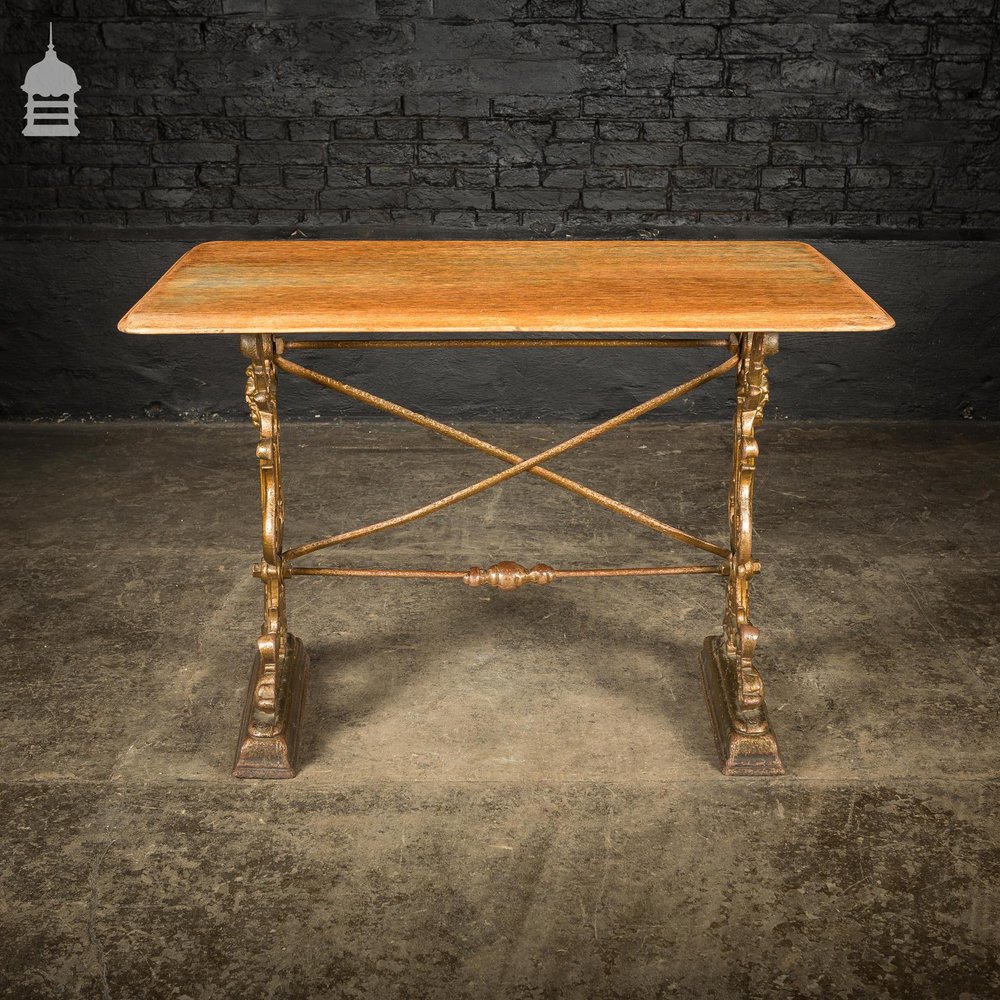 19th C Cast Iron Pub Table Base With Bleached Brushed Oak Top