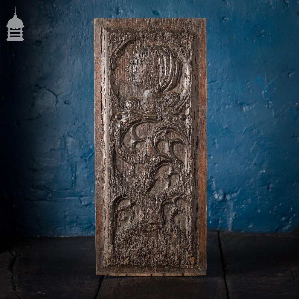 16th C Gothic Carved Oak Panel with Figure and Floral Decoration