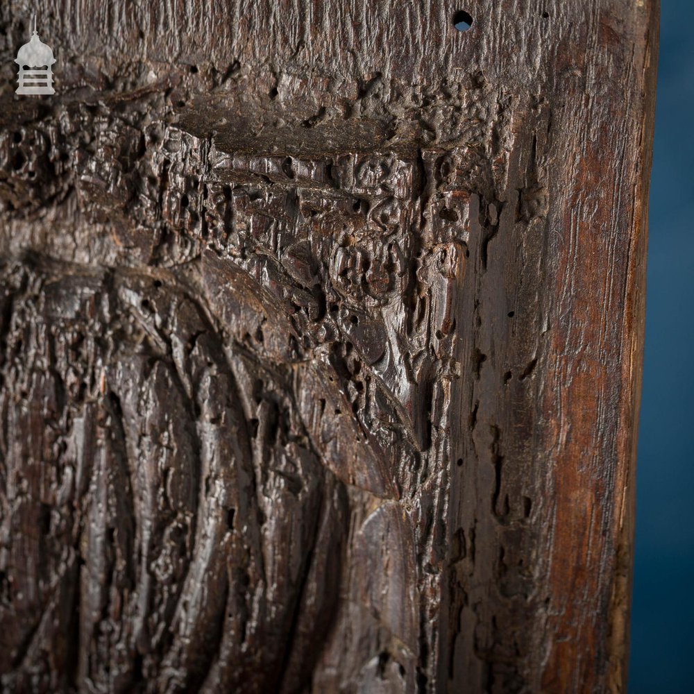 16th C Gothic Carved Oak Panel with Figure and Floral Decoration