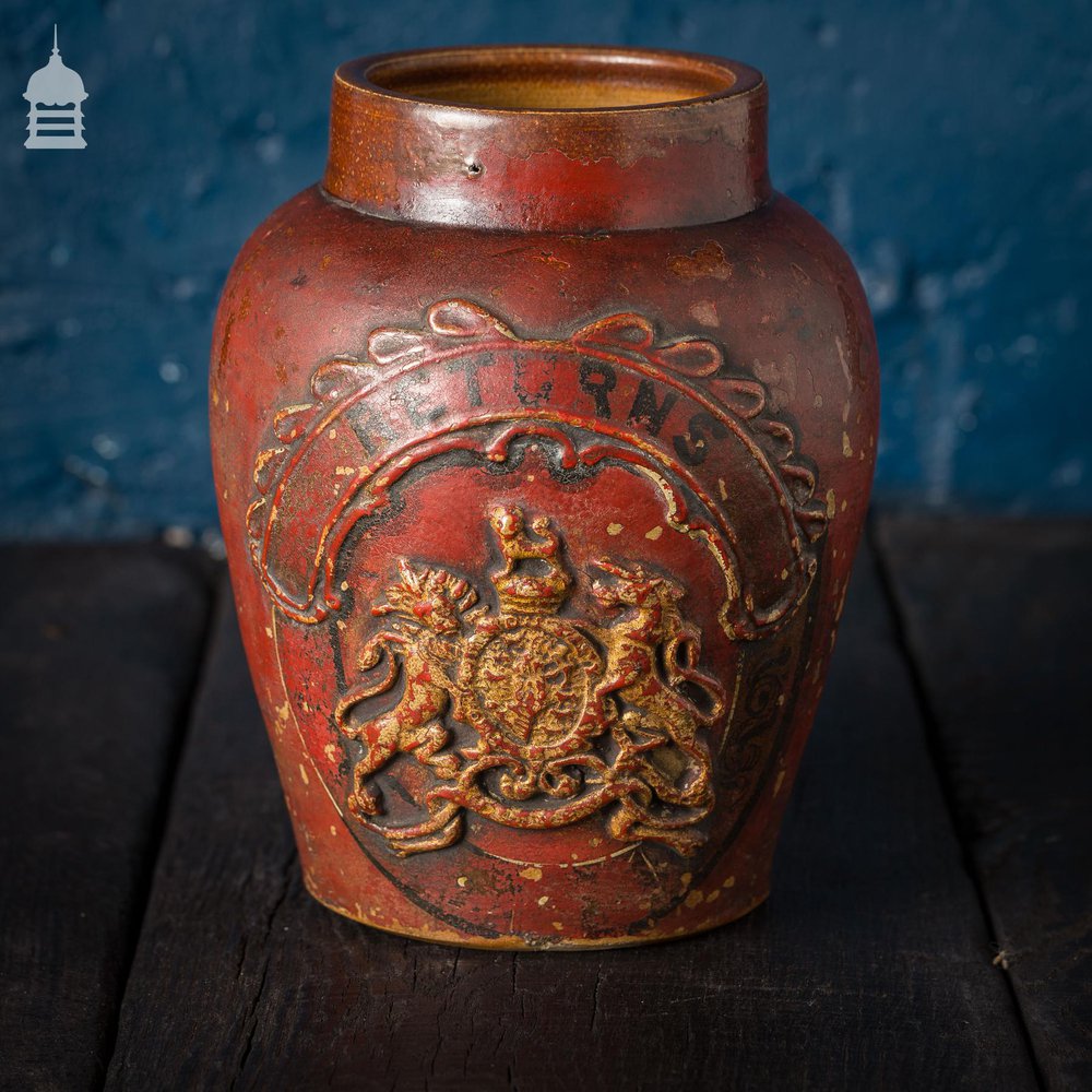 Small Victorian Red Painted Shop Tobacco Jar with Royal Crest Marked ‘Returns'