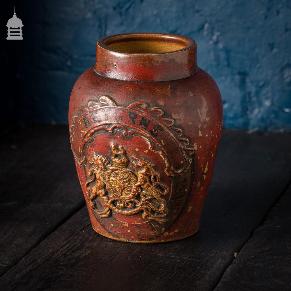 Small Victorian Red Painted Shop Tobacco Jar with Royal Crest Marked ‘Returns'