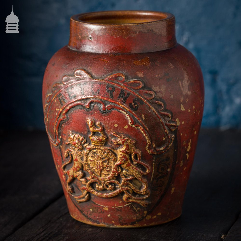 Small Victorian Red Painted Shop Tobacco Jar with Royal Crest Marked ‘Returns'