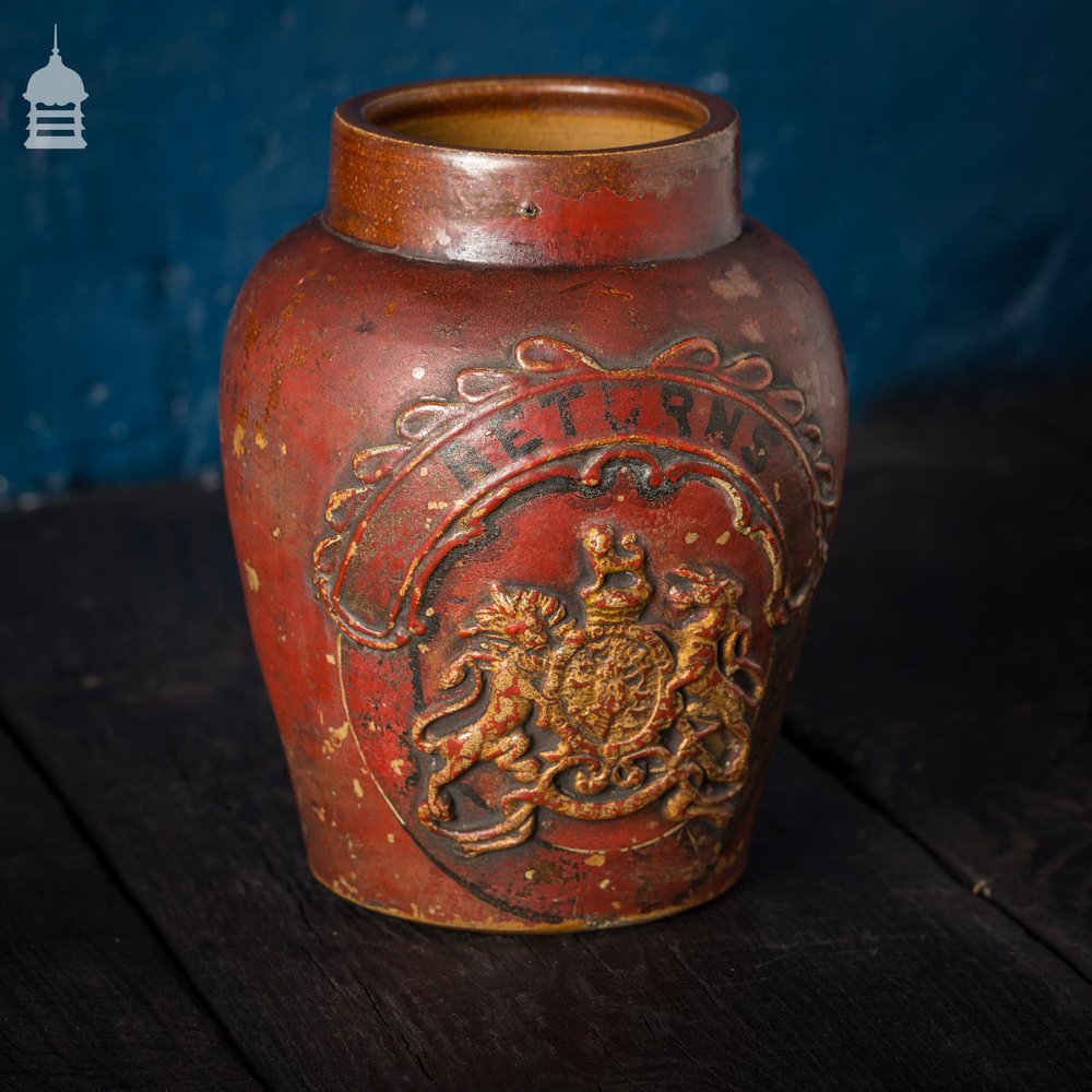 Small Victorian Red Painted Shop Tobacco Jar with Royal Crest Marked ‘Returns'