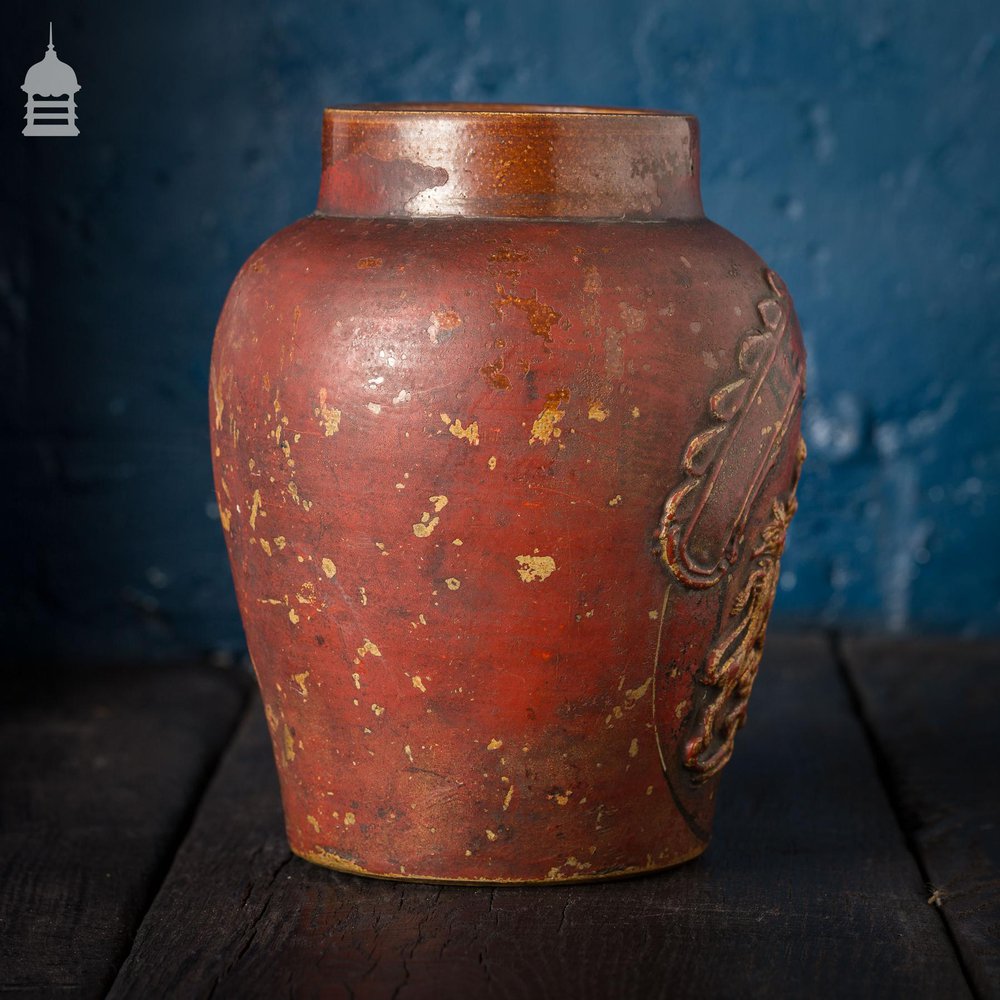 Small Victorian Red Painted Shop Tobacco Jar with Royal Crest Marked ‘Returns'