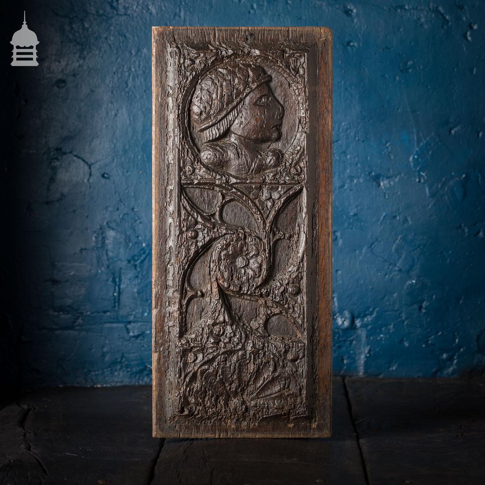 16th C Gothic Carved Oak with Figure and Floral Decoration Panel