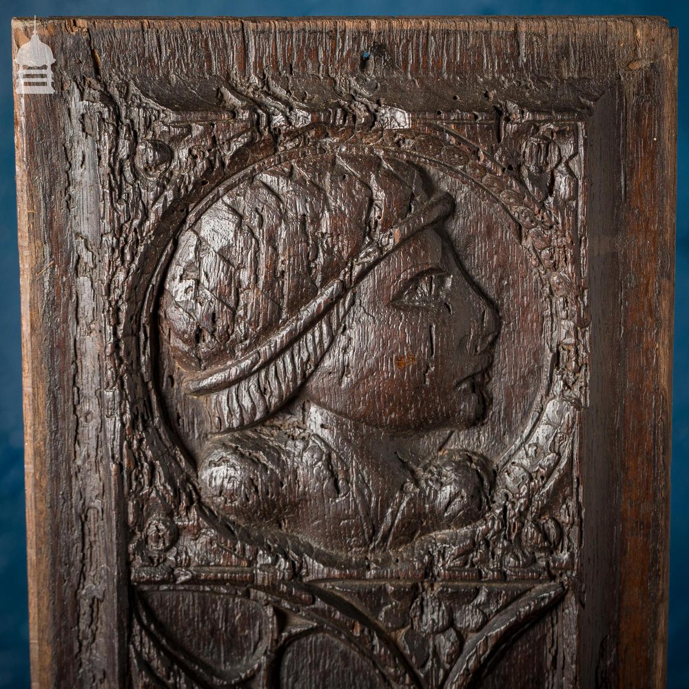 16th C Gothic Carved Oak with Figure and Floral Decoration Panel