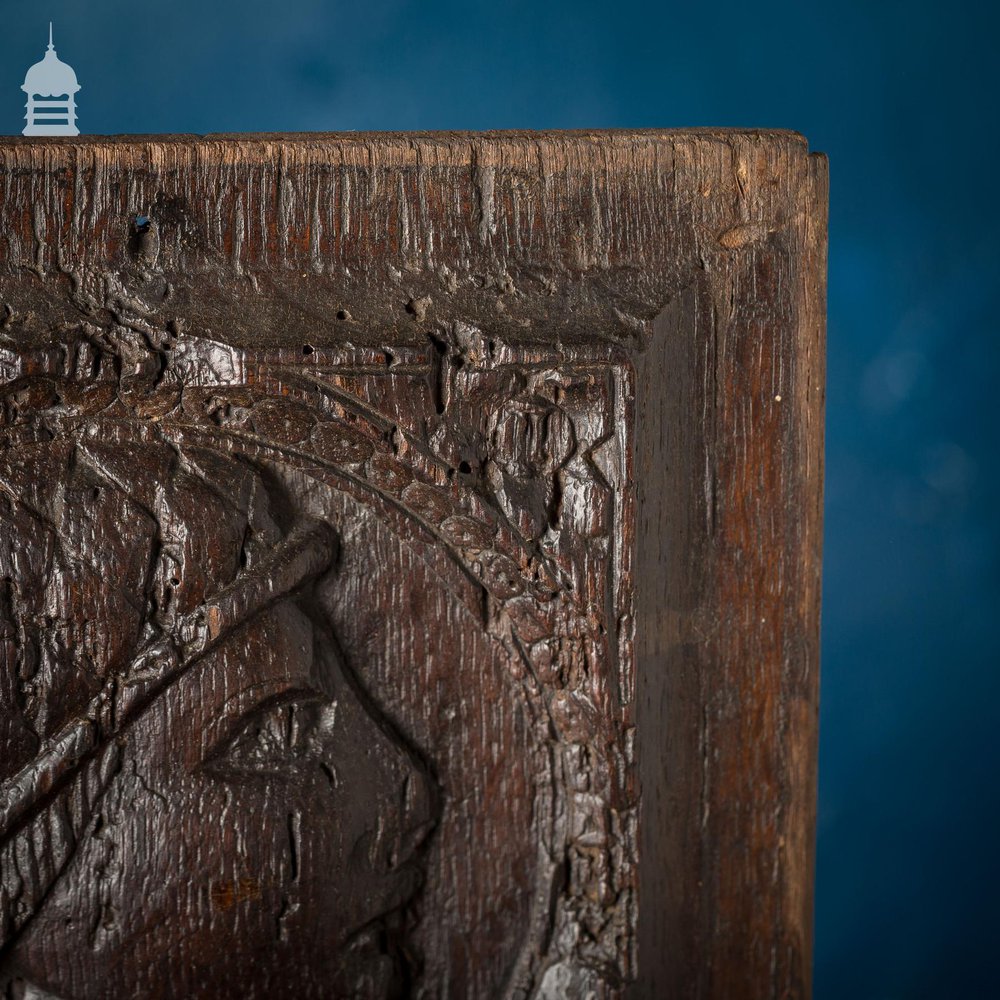 16th C Gothic Carved Oak with Figure and Floral Decoration Panel