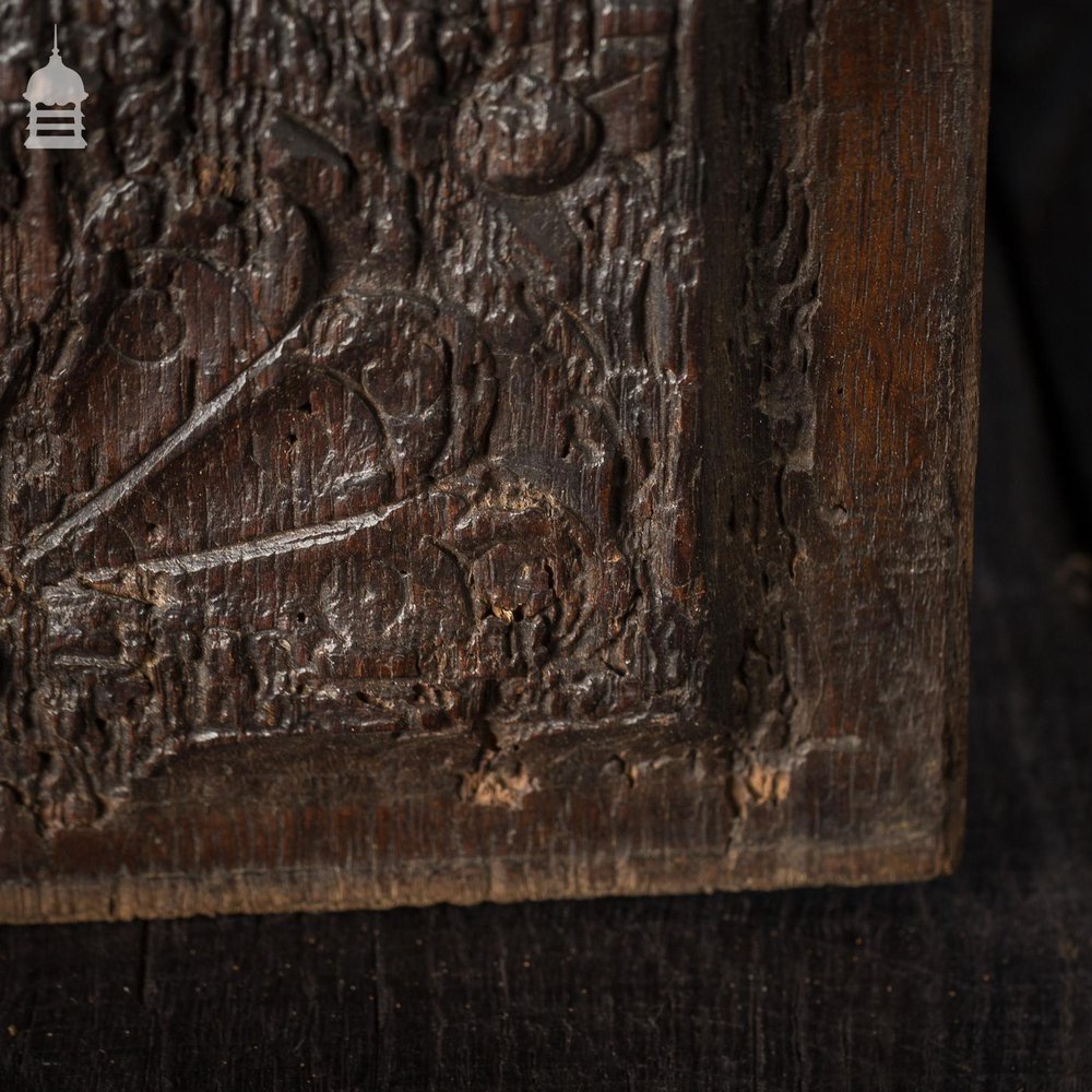 16th C Gothic Carved Oak with Figure and Floral Decoration Panel