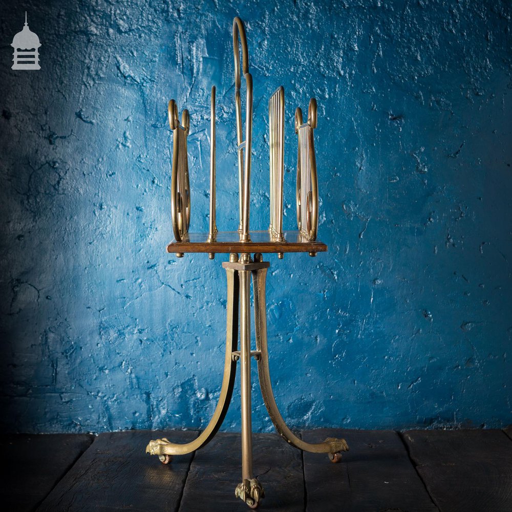 19th C Brass and Oak Swivel Sheet Music Or Record Rack With Claw Feet, Ceramic Castor’s and Treble Clef Design