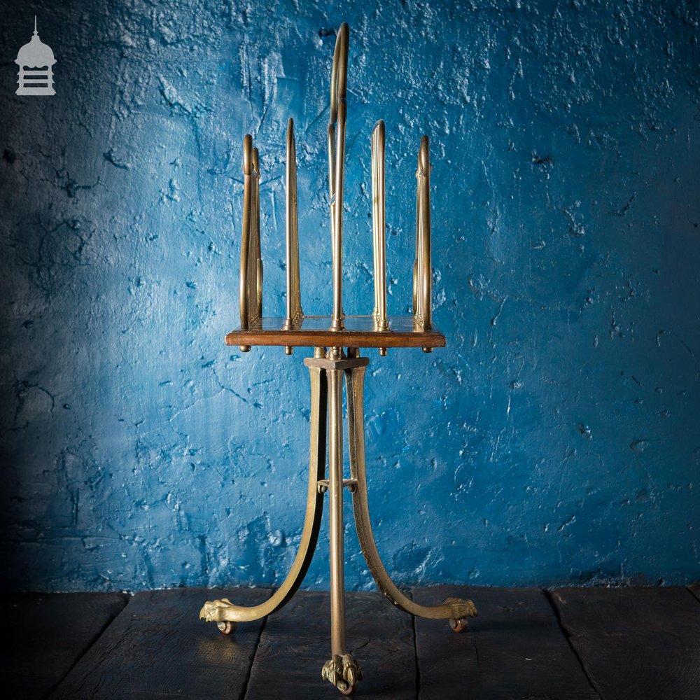 19th C Brass and Oak Swivel Sheet Music Or Record Rack With Claw Feet, Ceramic Castor’s and Treble Clef Design