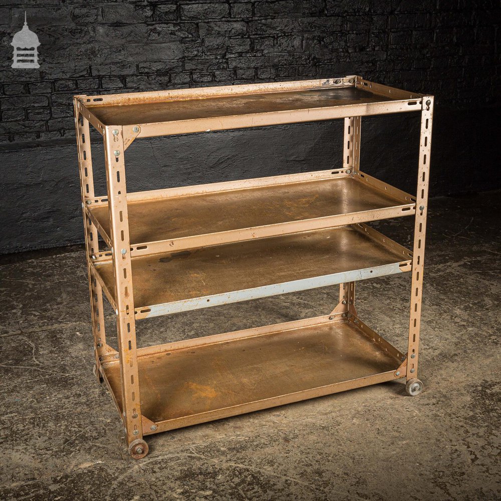 Golden Painted Metal Industrial Workshop Wheeled Trolley Shelf Unit