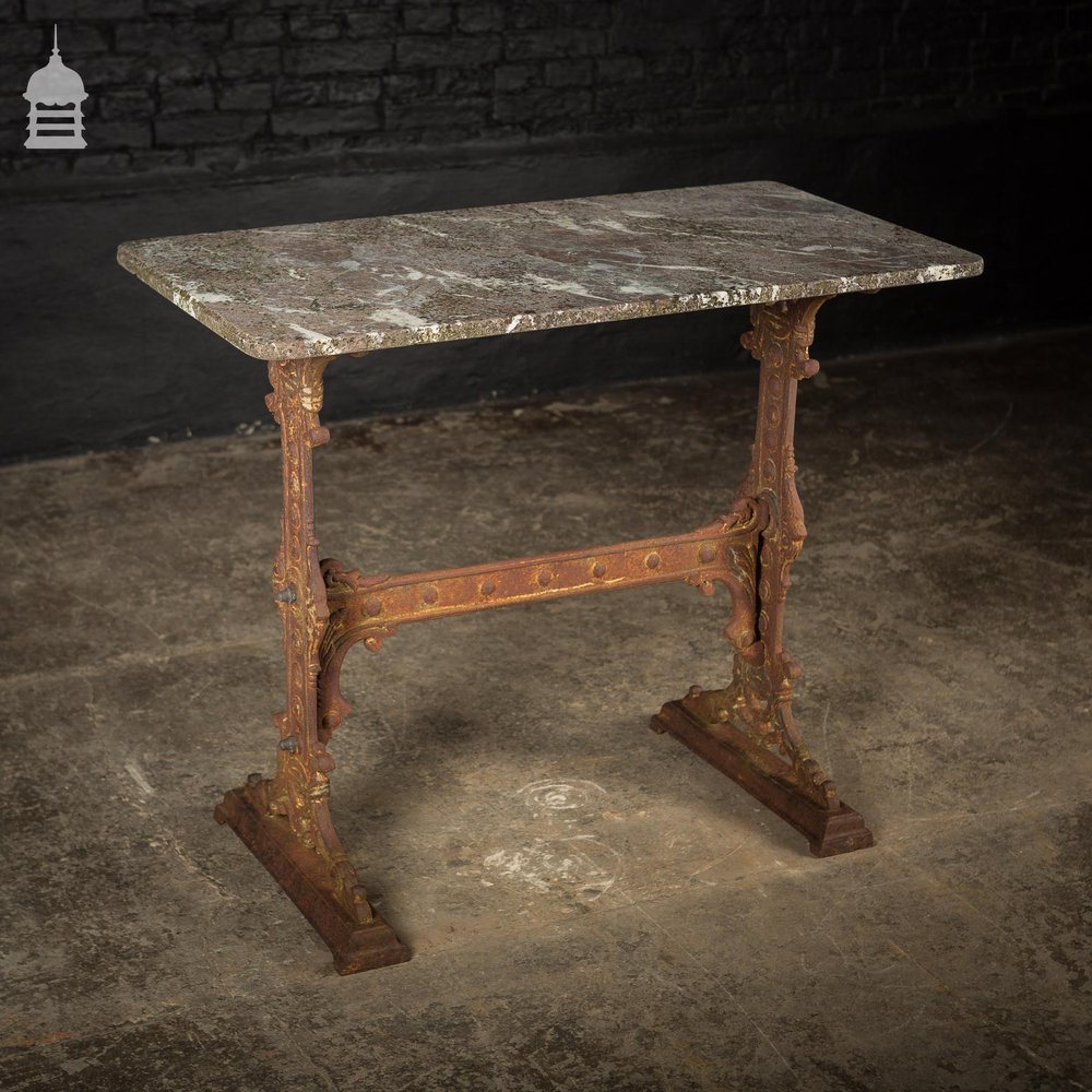 Impressive 19th C Gaskell & Chambers Ornate Cast Iron Side Table With Weathered Marble Top