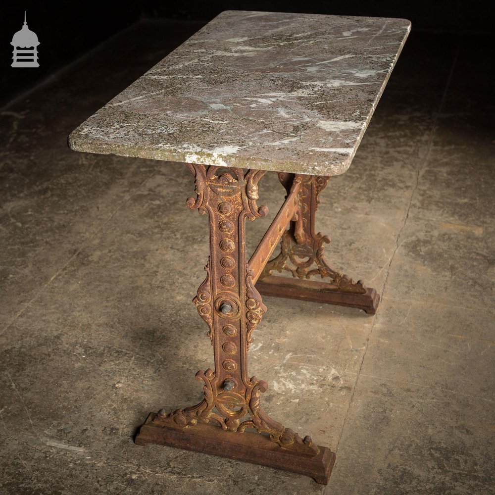 Impressive 19th C Gaskell & Chambers Ornate Cast Iron Side Table With Weathered Marble Top