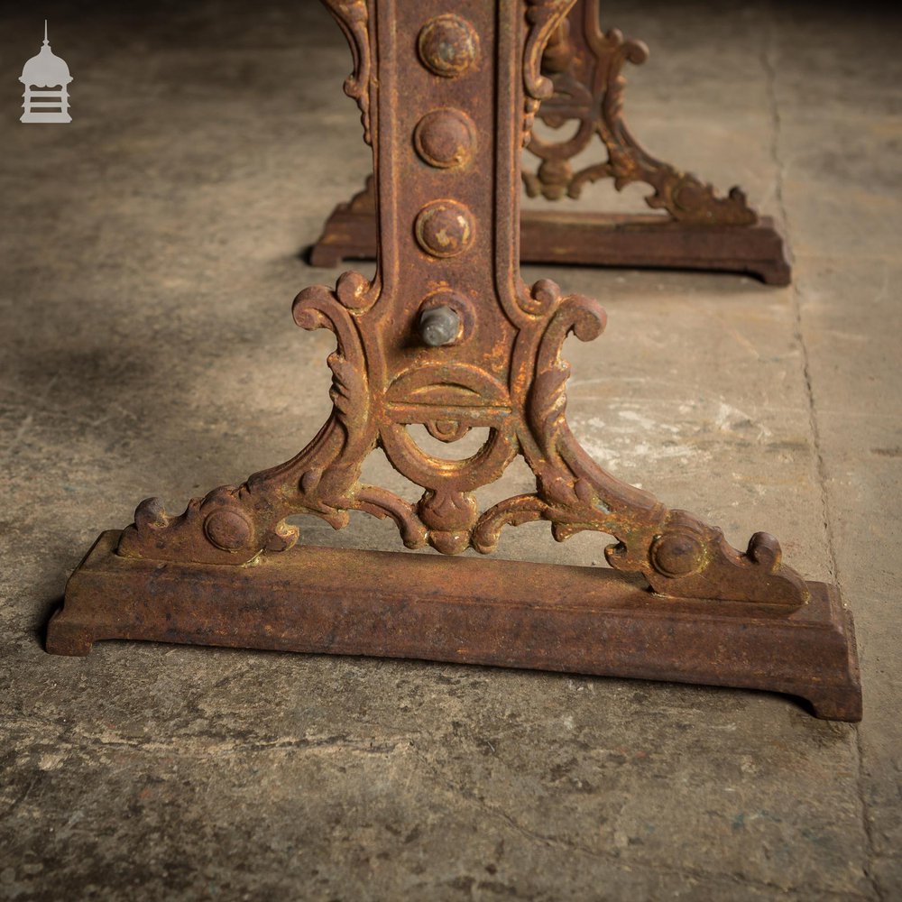 Impressive 19th C Gaskell & Chambers Ornate Cast Iron Side Table With Weathered Marble Top