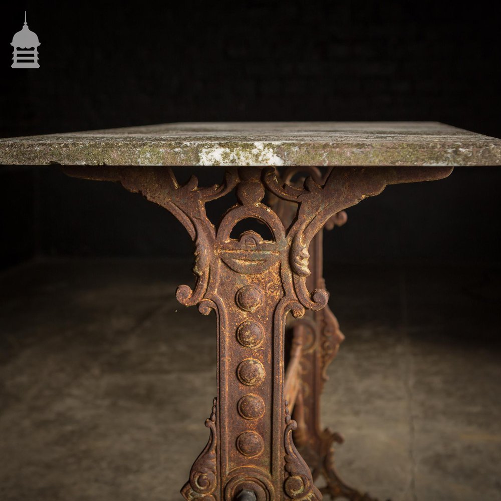 Impressive 19th C Gaskell & Chambers Ornate Cast Iron Side Table With Weathered Marble Top