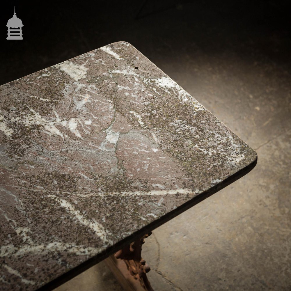 Impressive 19th C Gaskell & Chambers Ornate Cast Iron Side Table With Weathered Marble Top