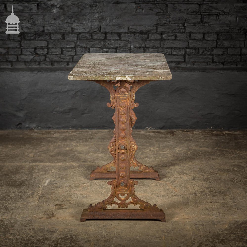 Impressive 19th C Gaskell & Chambers Ornate Cast Iron Side Table With Weathered Marble Top