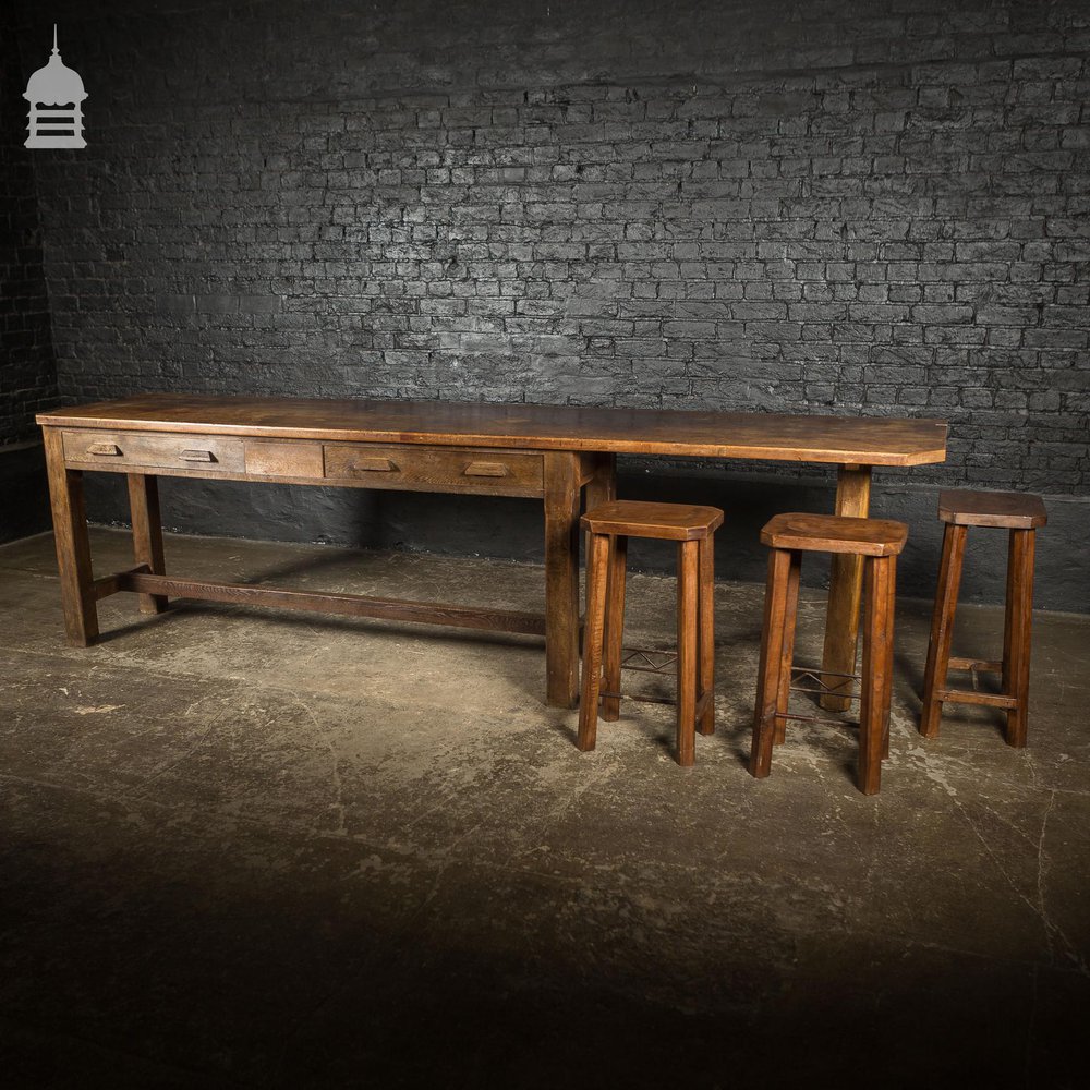 Large 1920’s Oak Sideboard Table with Later Breakfast Bar and 3 Stools